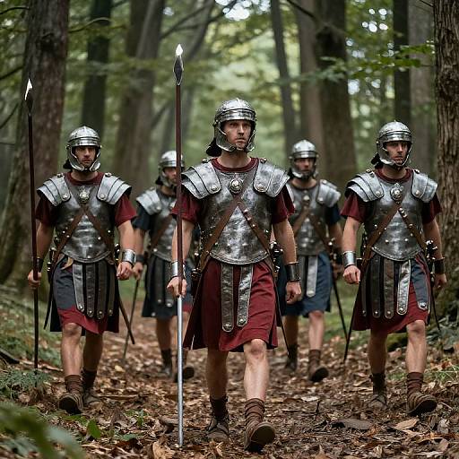 Photograph of four male warriors in medieval armor, with helmets and red tunics, marching through a forest holding spears.
