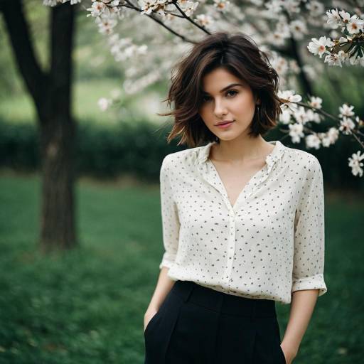 Woman in Elegant Blouse with Blooming Tree