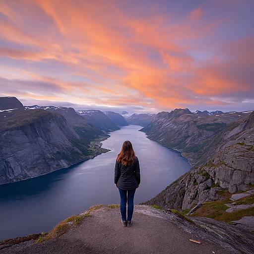 Photograph of a woman with long brown hair, wearing a black jacket and blue jeans, standing on a rocky cliff, facing a serene fjord with