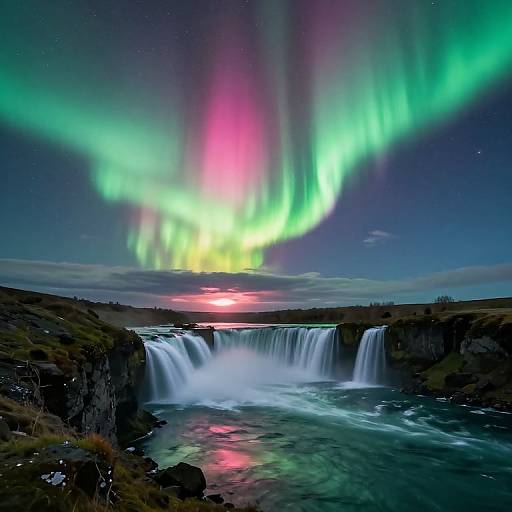 Photograph of a stunning night landscape featuring vibrant green and pink Northern Lights above a cascading waterfall, reflecting colorful lights on a rocky riverbank under a