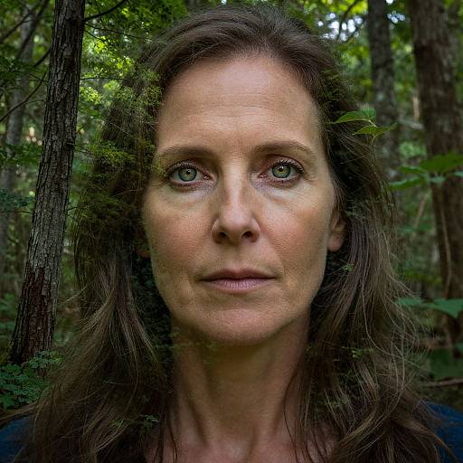 Photograph of a middle-aged woman with green eyes, fair skin, and brown hair, standing in a dense forest with sunlight filtering through the trees.