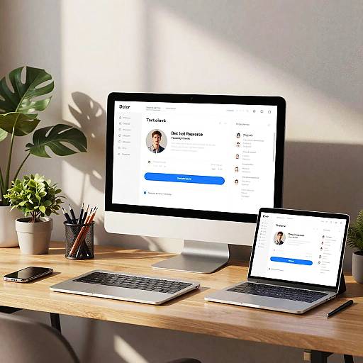 Modern Workspace with Laptops and Plants