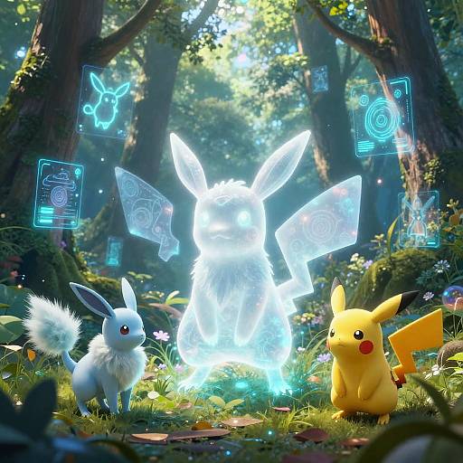 Digital fantasy forest scene with glowing blue Jolteon, white Eevee, and yellow Pikachu surrounded by holographic symbols and ethereal light.