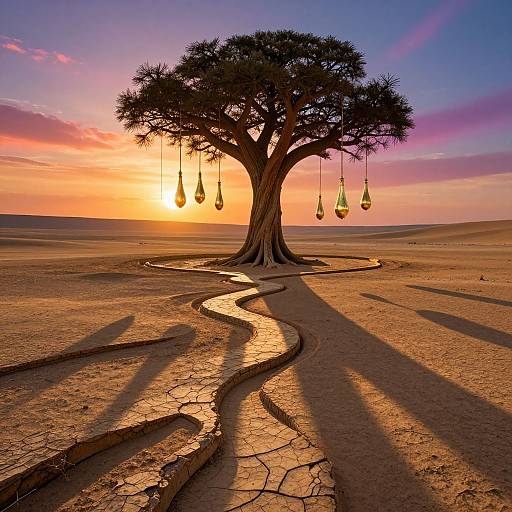 Photograph of a surreal desert sunset with a large tree casting long shadows, hanging fruit, and a winding cracked path.