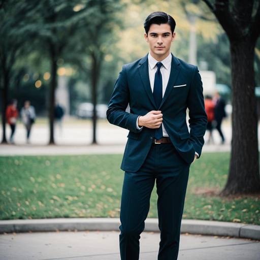 Young Man in Dark Blue Suit Outdoors