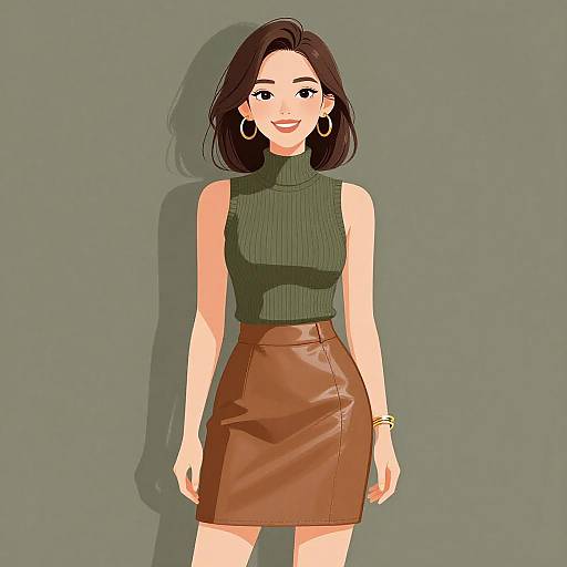 Digital drawing of a smiling woman with dark brown hair, green turtleneck, brown leather skirt, large hoop earrings, and gold bracelet, standing against