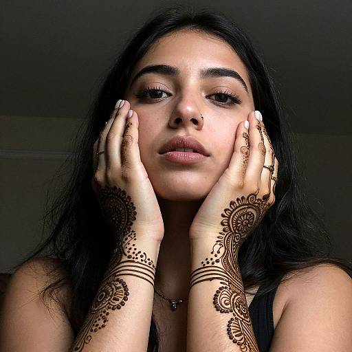 Photograph of a young woman with long black hair, dark eyebrows, and light brown skin, hands on face, displaying intricate henna designs on her