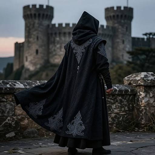 Mysterious figure in black ornate cloak with hood, facing medieval castle towers at dusk. Stone railing in foreground, twilight sky. Photograph.