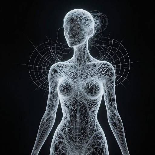 Digital wireframe of a female figure with glowing blue lines highlighting her breasts and torso, set against a black background.