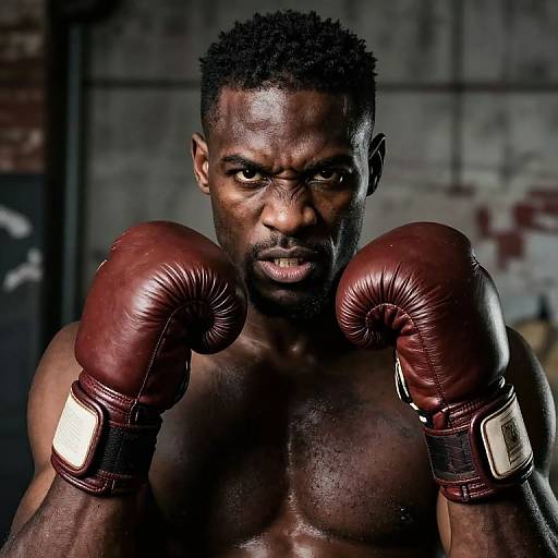 Photograph of a muscular, dark-skinned Black boxer with short hair, wearing red boxing gloves, staring intensely in a dimly lit, gritty gym