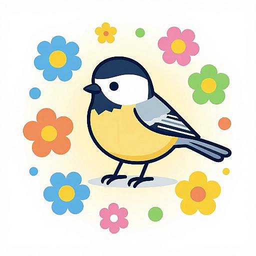 Digital illustration of a cute, round, yellow and black bird with white cheeks, surrounded by colorful flowers against a white background.