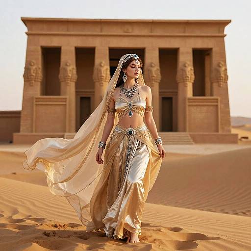 Photograph of an elegant Middle Eastern woman in a gold and white harem dress, with veil and jewelry, walking in a desert with a sandstone