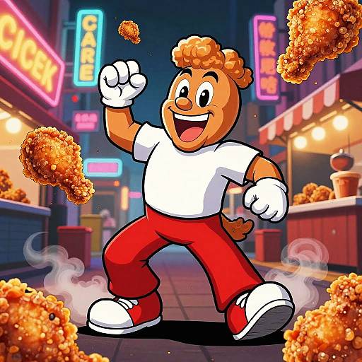 Cartoon bear in white shirt and red pants joyfully juggles fried rice balls in a neon-lit, bustling street market.