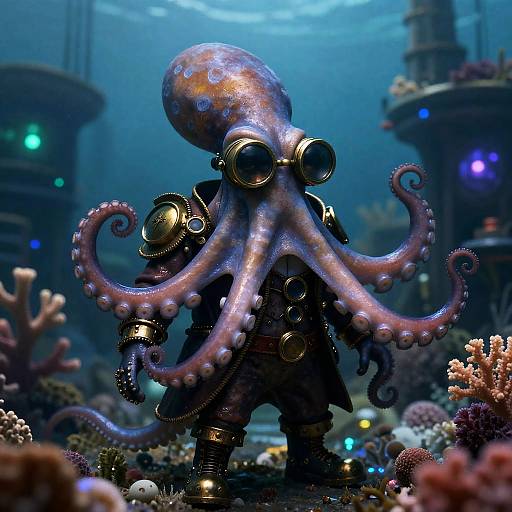 Steampunk Octopus in Underwater Bioluminescent City