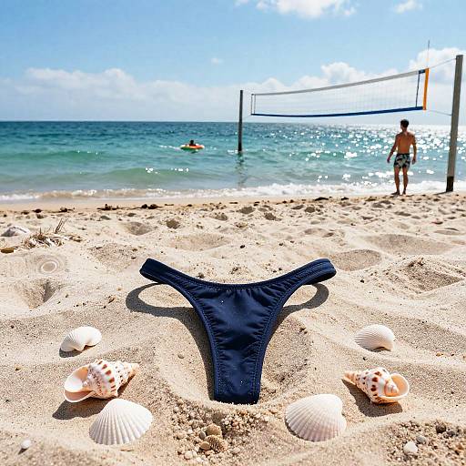 Photograph: Navy blue thong bikini bottom, surrounded by seashells, on sandy beach with volleyball net, ocean, and person in distance.