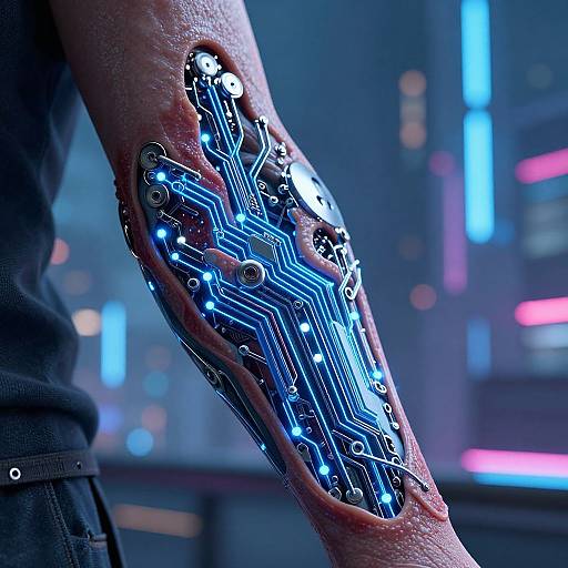 Photograph of a person's arm with a cybernetic, glowing blue circuit board implant, set against a blurred neon cityscape background.