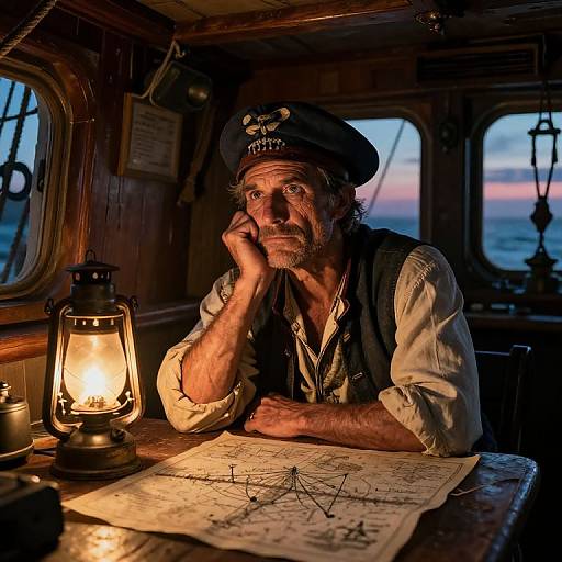 Photograph of a grizzled, bearded old sailor with a weathered face, wearing a black beret and white shirt, staring at n