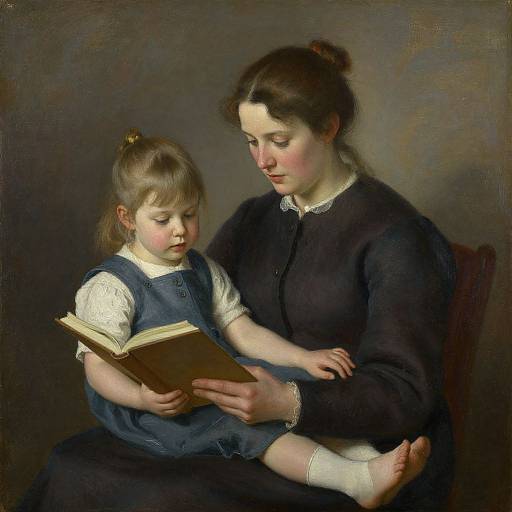 Classical oil painting of a fair-skinned woman in a black dress reading with a fair-skinned, blonde-haired child in a blue dress.