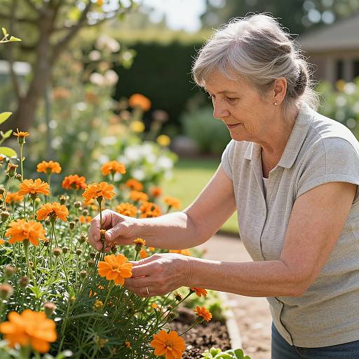 Photograph of an elderly woman with gray hair, wearing a light gray shirt, tending to vibrant orange marigold flowers in a sunlit garden