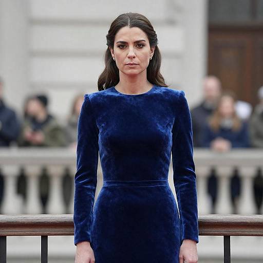 Serious Woman in Blue Velvet Dress