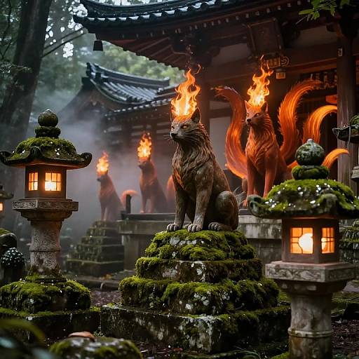 Photograph of mystical Japanese garden with moss-covered stone lanterns, fox statues with fiery tails, and soft mist; traditional temple in background.