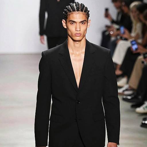 Male model with slicked-back hair, wearing a black blazer with an open chest, walks down a brightly lit runway.
