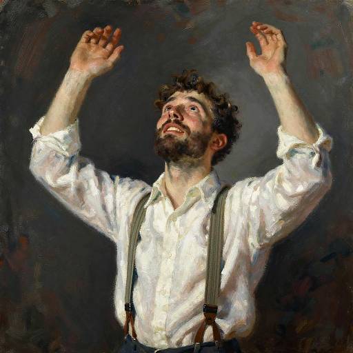 Digital painting of a bearded man with curly hair, white shirt, and suspenders, raising his hands in a dark, moody background. His