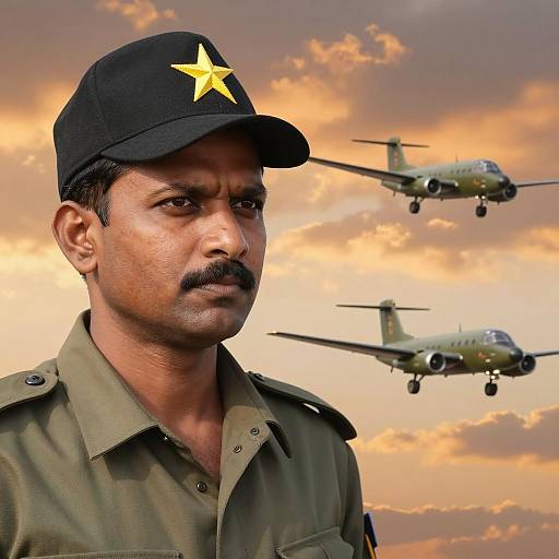 Indian Man and Military Planes at Sunset