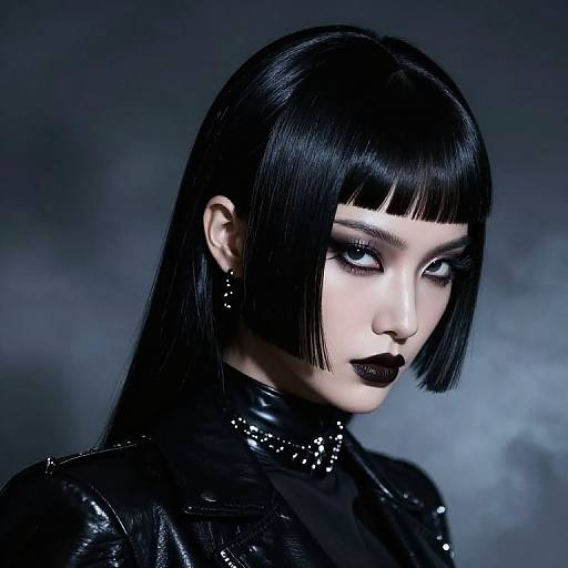 Gothic-style photograph of a pale woman with black bob haircut, heavy black eyeliner, dark lipstick, and black leather outfit, against a sm