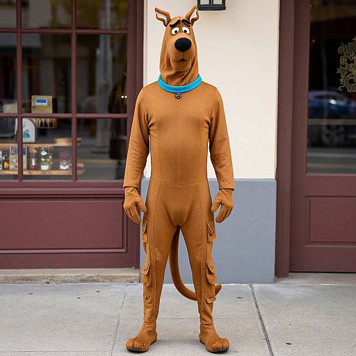 Photograph of a person in a full Scooby-Doo costume standing on a sidewalk in front of a storefront with large windows.