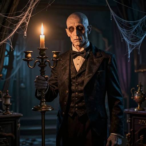 Photograph of a bald, pale, sinister-looking man in a black Victorian suit holding a lit candelabra, in a dark, spider-web-de