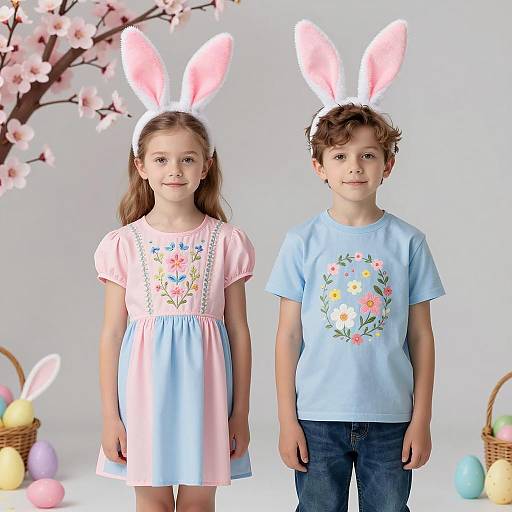 Children in Easter Bunny Ears with Spring Outfits