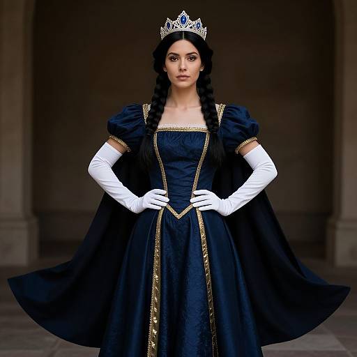Digital artwork of a regal woman with long black braids, wearing a silver tiara, black velvet gown with gold trim, and white gloves,