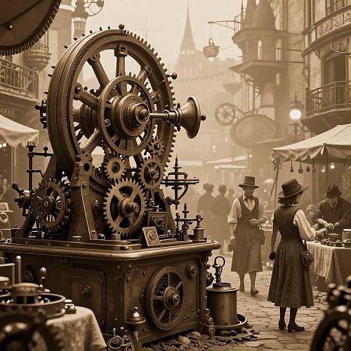 Sepia-toned photograph of a steampunk market with intricate clockwork gears, people in vintage clothing, and cobblestone streets. Background features
