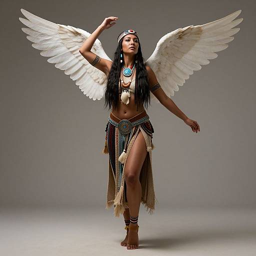 Digital artwork of a dark-haired woman with white angel wings, wearing a tribal-inspired outfit, turquoise necklace, and arm bands, posing gracefully against a gray