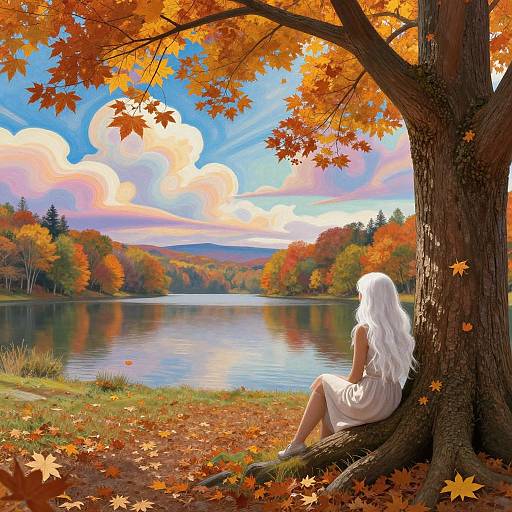 Digital painting: White-haired woman in white dress sits on tree trunk, overlooking colorful autumn lake with vibrant orange leaves, blue sky, and fluffy clouds.