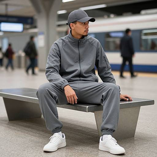 Photograph of a young, light-skinned man in gray tracksuit and white sneakers, sitting on metal bench in a blurred subway station. He wears
