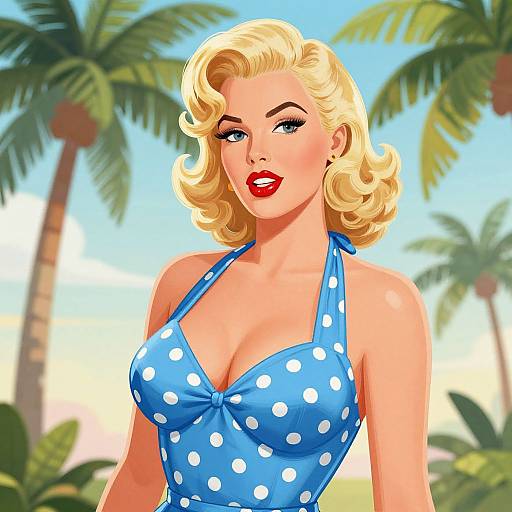Digital illustration of a blonde, blue-eyed woman with red lipstick, wearing a blue polka dot halter top, standing in a tropical palm tree background