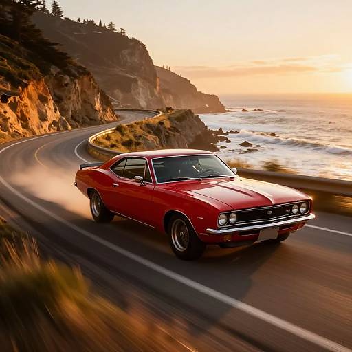 Photograph of a red, classic muscle car speeding along a winding coastal road during a sunset, with cliffs and ocean in the background.