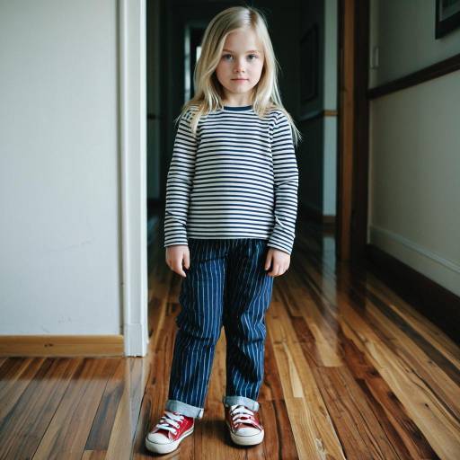 Blonde Girl Standing Indoors in Striped Clothes