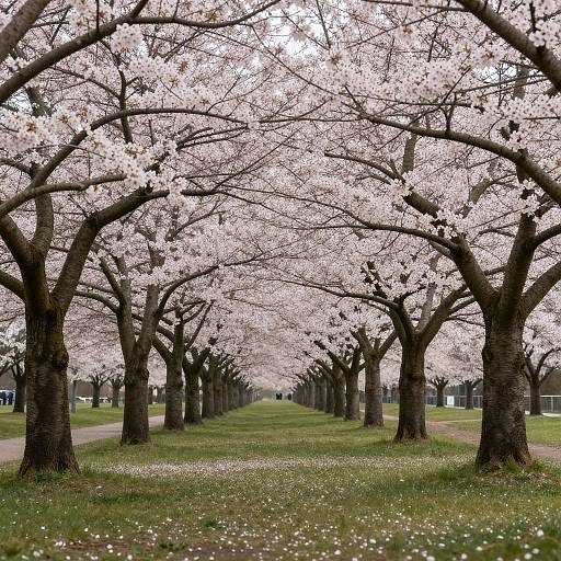Photograph of a straight tree-lined path with cherry blossom trees in full bloom, pink flowers overhead, green grass, and scattered petals on the ground.