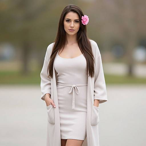 Photograph of a brunette woman with long hair, pink flower in her hair, wearing a white dress and coat, standing outdoors.