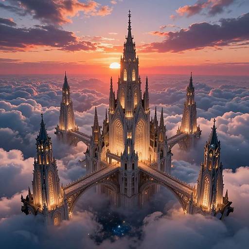 Digital art of a grand, Gothic-style castle with multiple spires, bathed in golden light, floating above a sea of clouds at sunset.