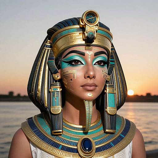 Digital art of an Egyptian woman with teal and gold headdress, intricate makeup, and jewelry, set against a sunset over water.