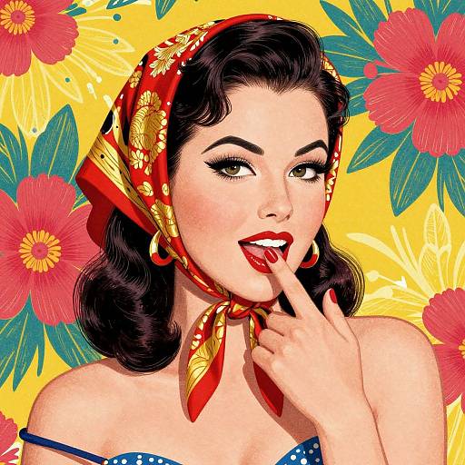 Vintage-style digital illustration of a curvy woman with dark hair, red floral headscarf, red lipstick, and hoop earrings, touching her lips against