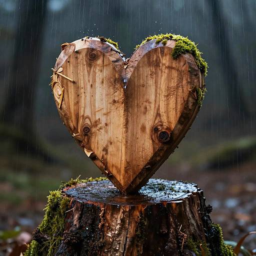 Surreal Wooden Heart on Mossy Stump