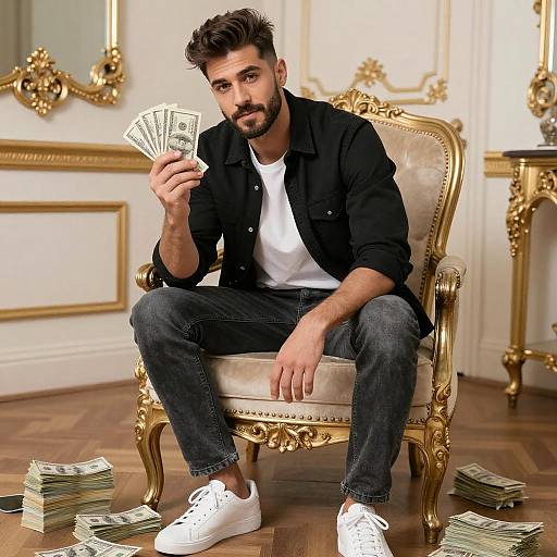 Confident Man with Cash in Ornate Room