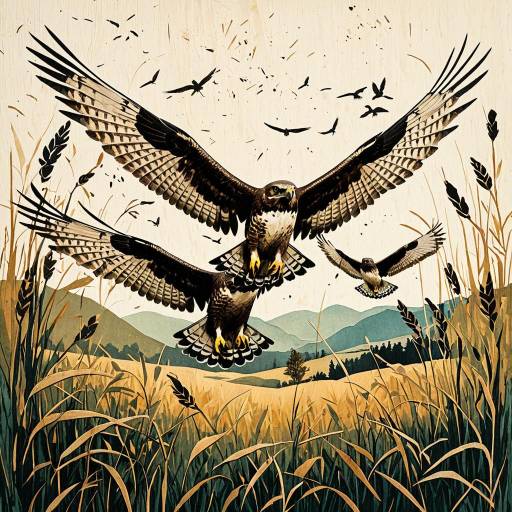Broad-winged Hawks in Meadow Lithography