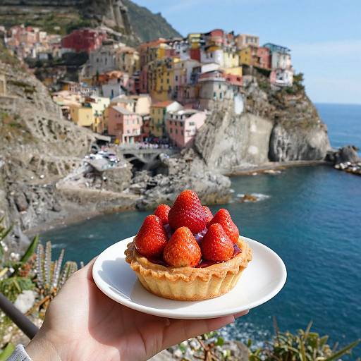 Photograph of a hand holding a plate with strawberry-topped tart, overlooking colorful cliffside houses and blue Mediterranean sea.