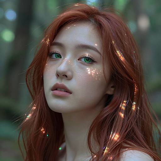 Photograph of a fair-skinned, red-haired woman with green eyes, freckles, and natural light in a forest, with glowing light reflections